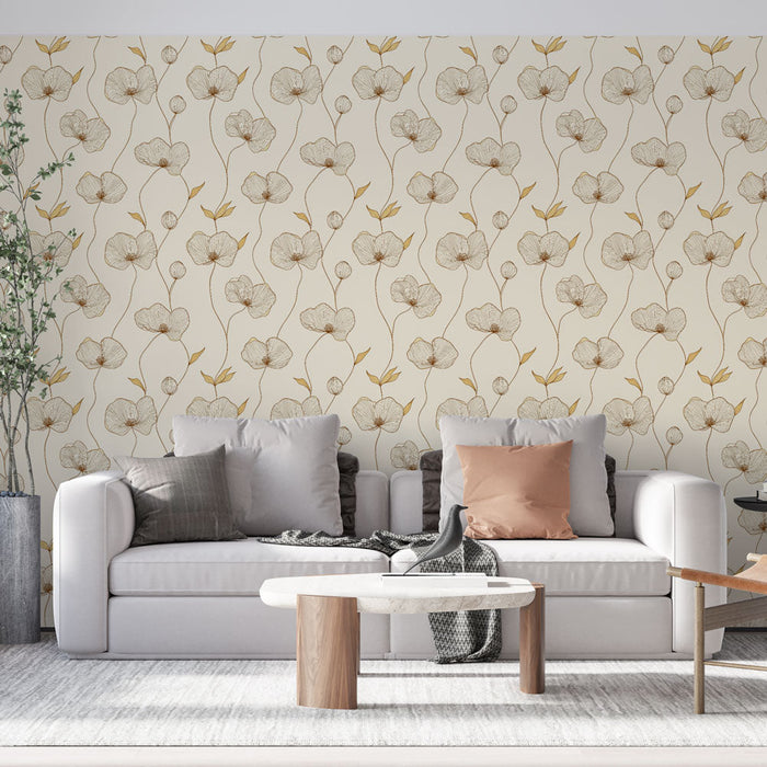 Mural Wallpaper delicate flowers | Pattern of golden flowers and leaves on a beige background