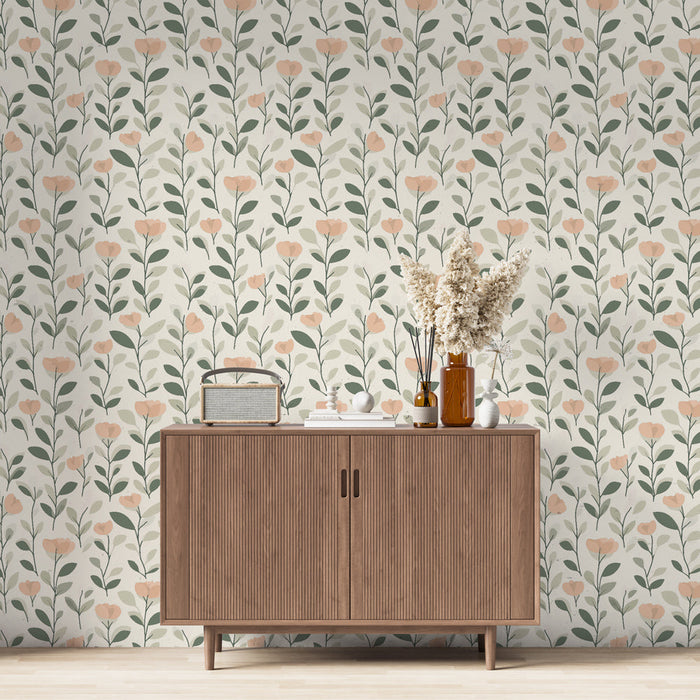 Carta da parati con delicati fiori | Motivo floreale con fiori pesca su sfondo crema