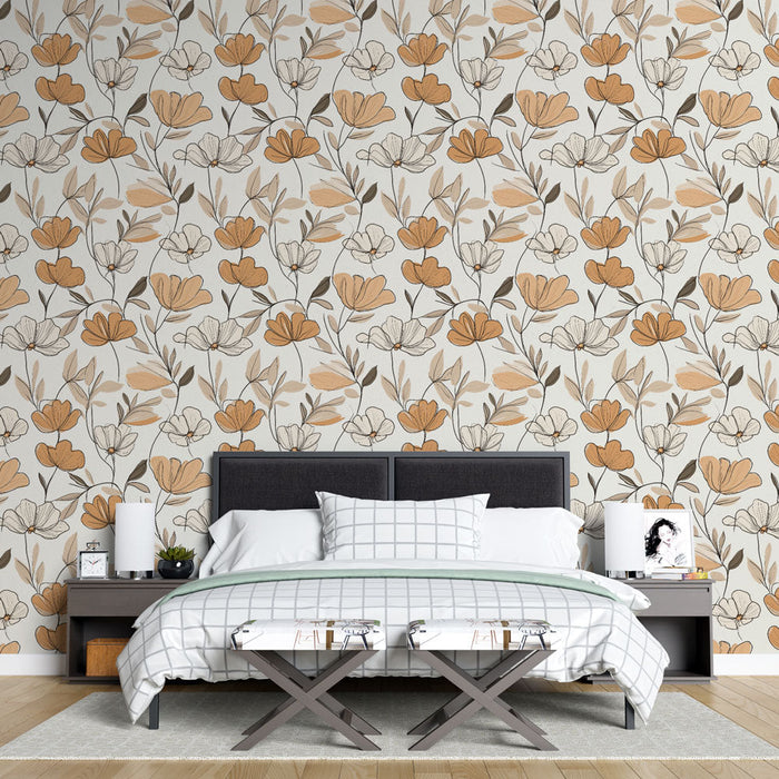 Mural Wallpaper delicate flowers | Elegant floral pattern with shades of orange and beige