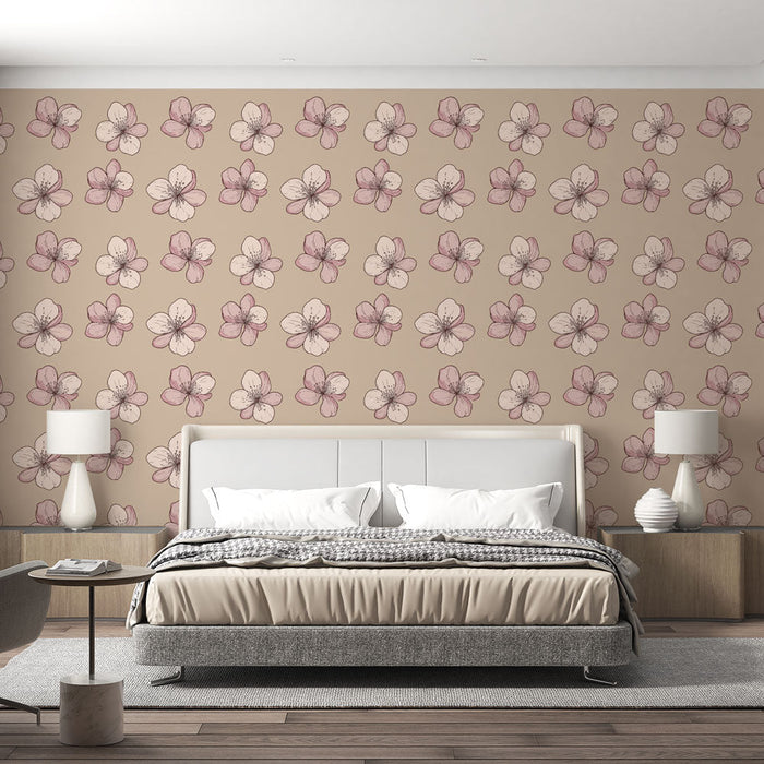 Tapeta z delikatnymi kwiatami | Różowe wzory kwiatów na beżowym tle