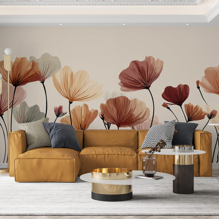 Tapeta z delikatnymi kwiatami | Wzory kwiatowe w miękkich i ciepłych tonacjach