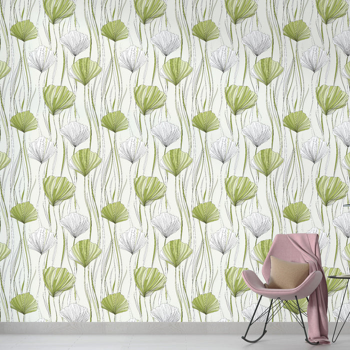 Fototapet delikate blomster | Blomstermønstre i grønne og hvide nuancer