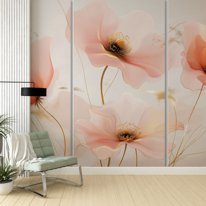 Papel pintado delicadas flores | Pétalos rosados y toques dorados sobre un fondo suave