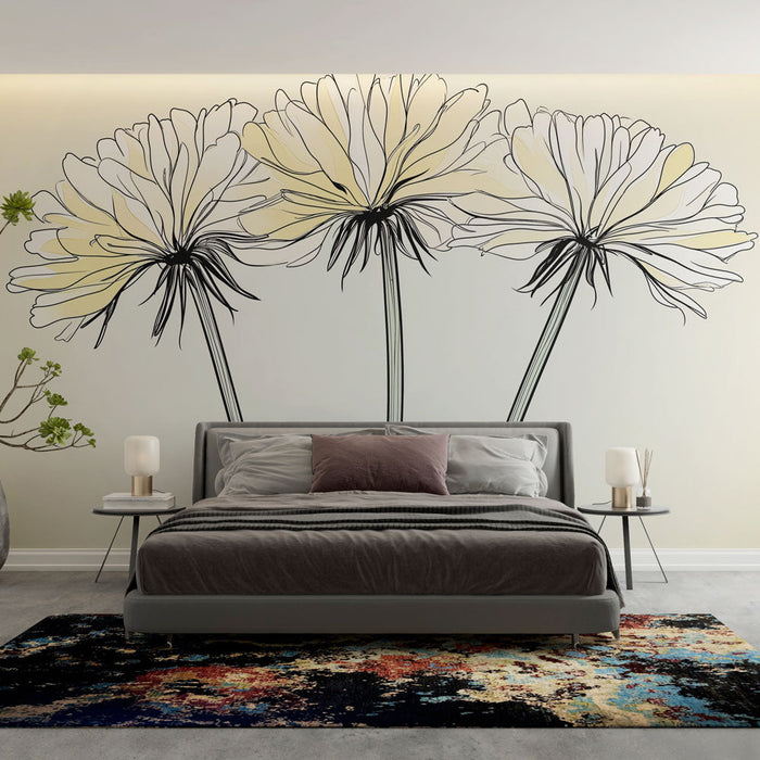 Mural Wallpaper delicate flowers | Three stylized flowers with fine outlines and soft shades