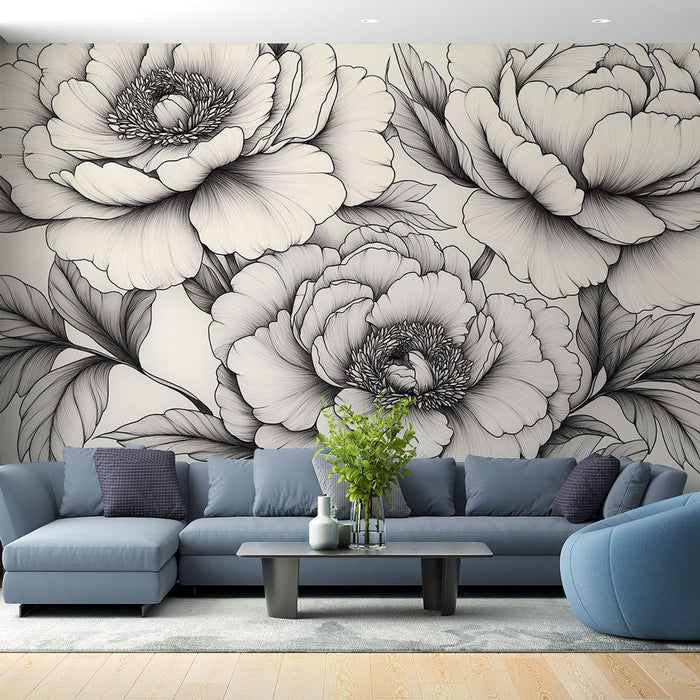 Mural Wallpaper flowers | Must ja valge disain