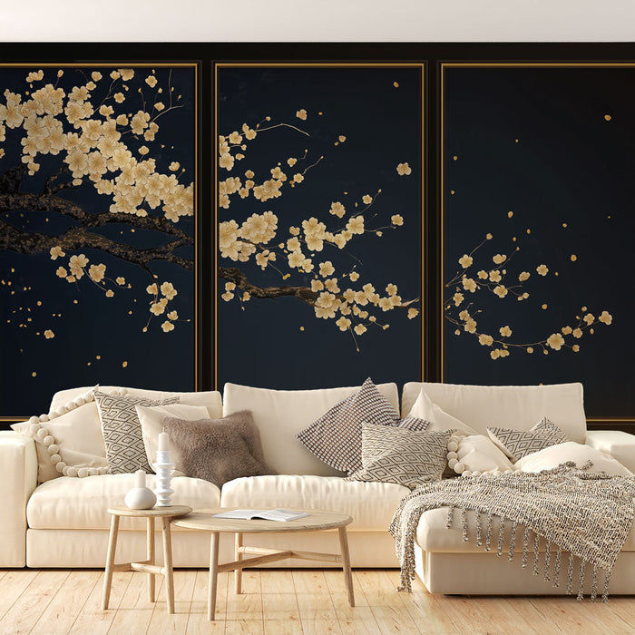 Fototapet gyldne blomster | Elegant blomstermønster på en midnatsblå baggrund