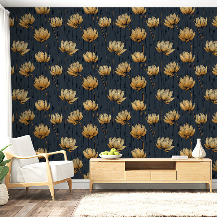 Tapeta zlaté květiny | Elegantní květinový vzor na tmavém pozadí