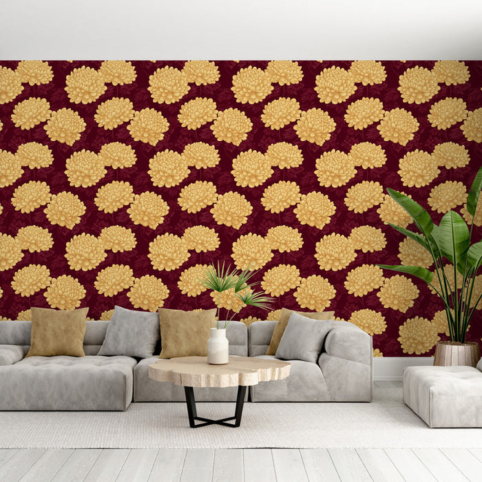 Papel pintado de flores doradas | Margaritas elegantes sobre un fondo burdeos