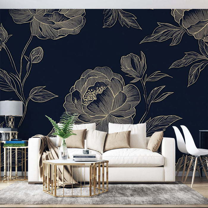 Tapete goldene Blumen | Elegante Pfingstrosen auf dunkelblauem Hintergrund