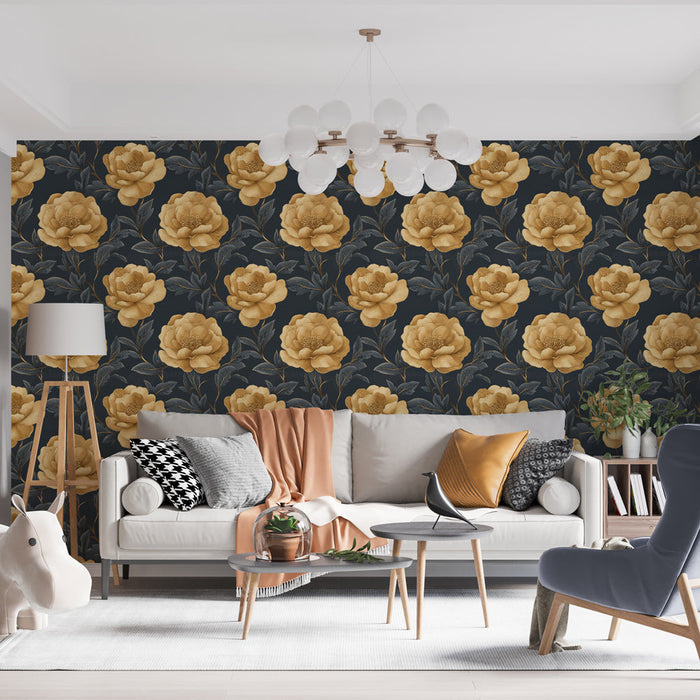 Tapetti kultaisilla kukilla | Mahtavia pionikukkia keskiyön sinisellä taustalla
