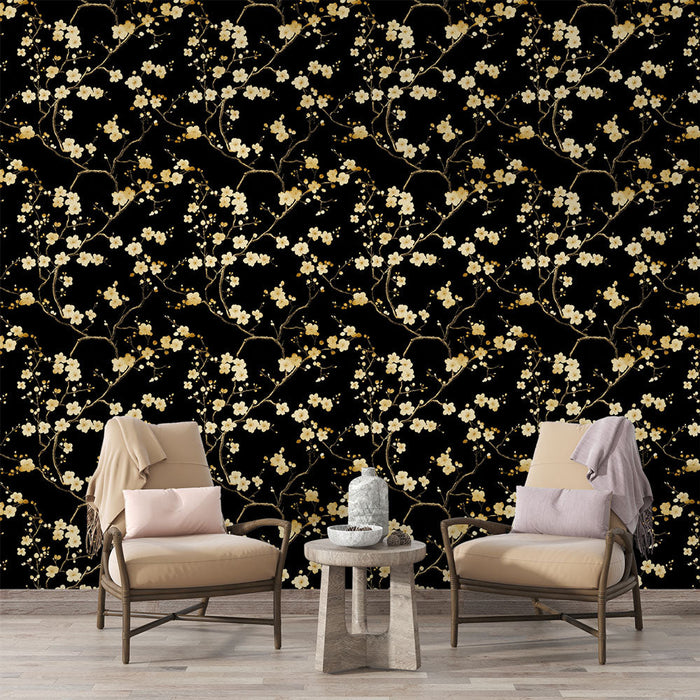 Tapeta s květinami v zlaté barvě | Elegantní květinový vzor na černém pozadí