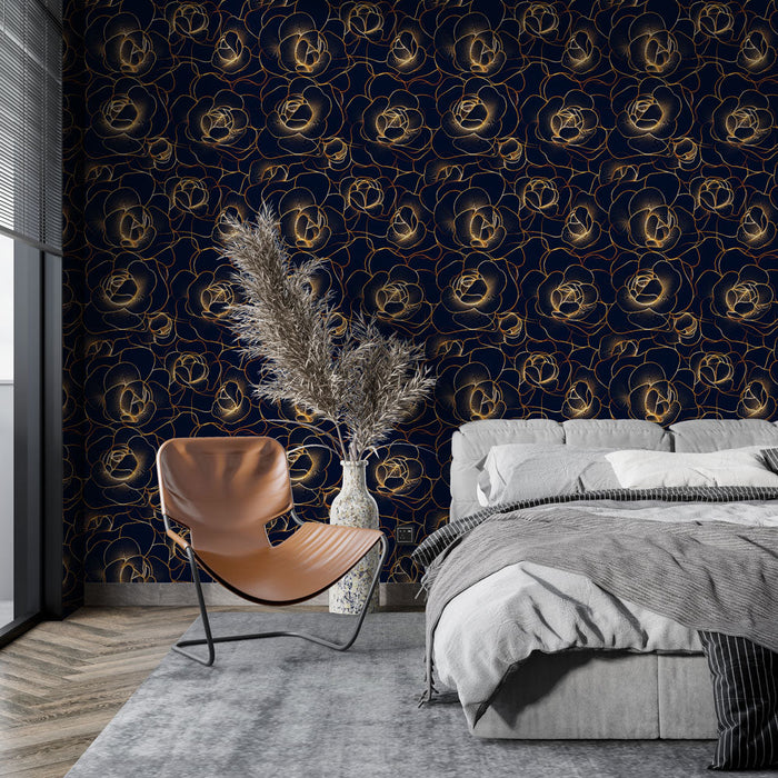 Mural Wallpaper golden flowers | Elegant roses on a dark background