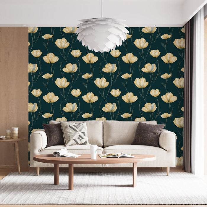 Fototapet gyldne blomster | Et delikat blomstermønster på en mørkeblå baggrund