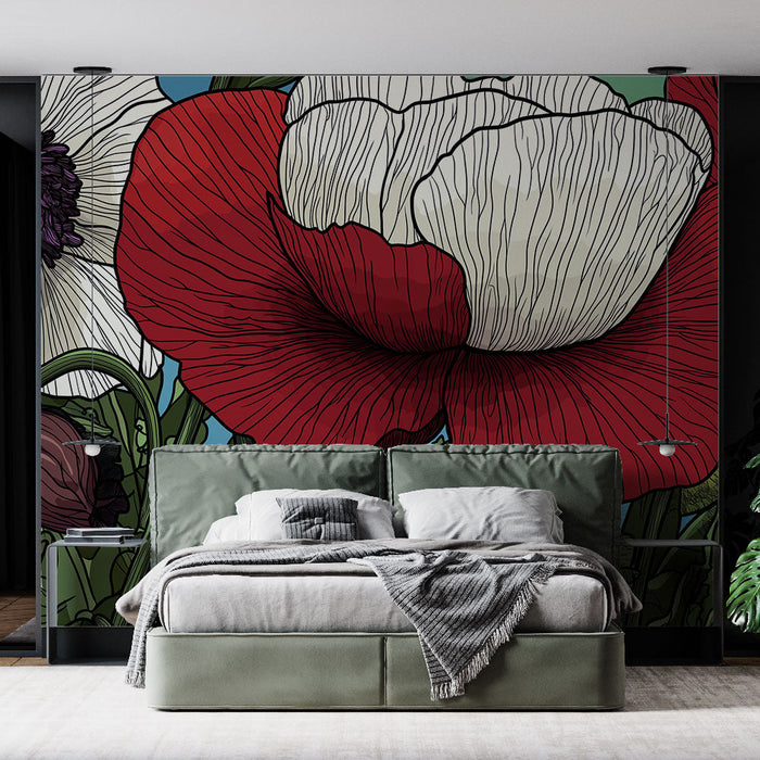 Mural Wallpaper bright flowers | Colorful poppy pattern