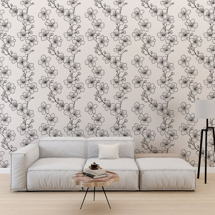 Papel de parede floral em contorno | Elegantes flores pretas em fundo branco