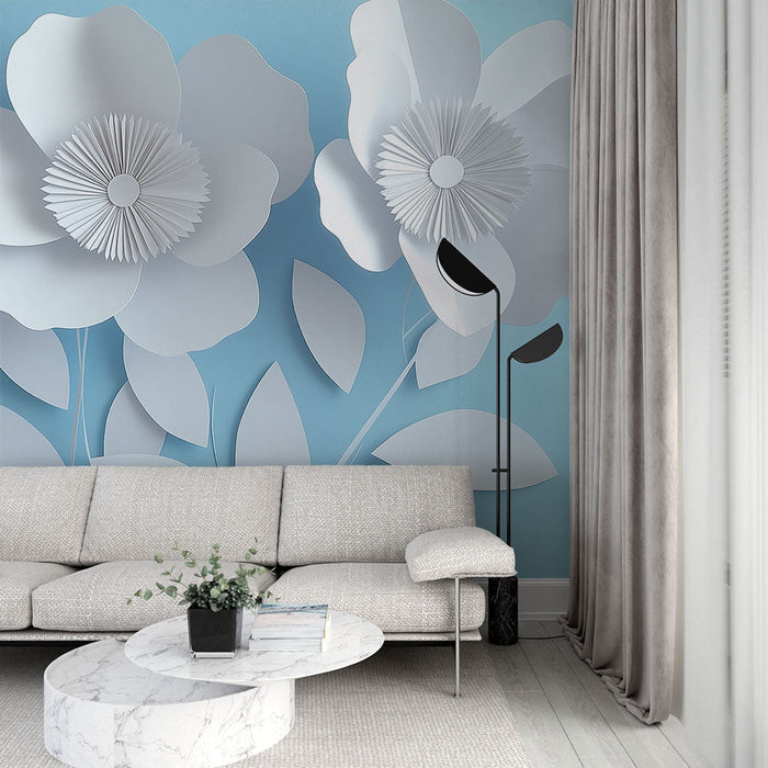 Falfestmény virágok papíron | Elegáns fehér virágok kék háttéren