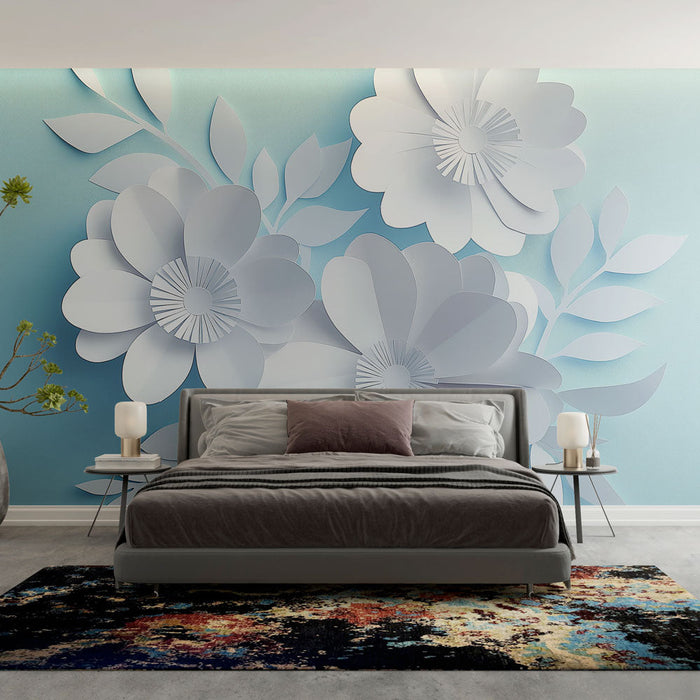 Mural Wallpaper flowers on paper | Elegant pattern of white paper flowers on blue background