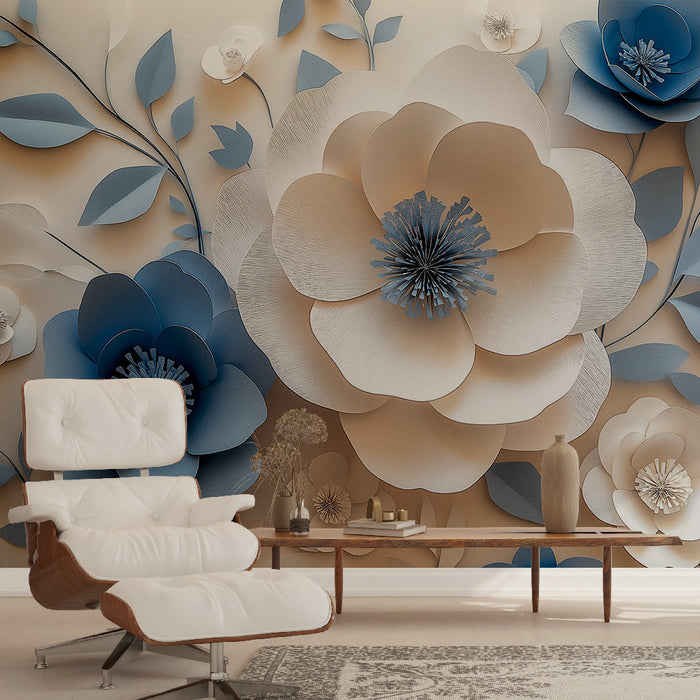 Papel de parede flores em papel | Padrão floral em azul e branco