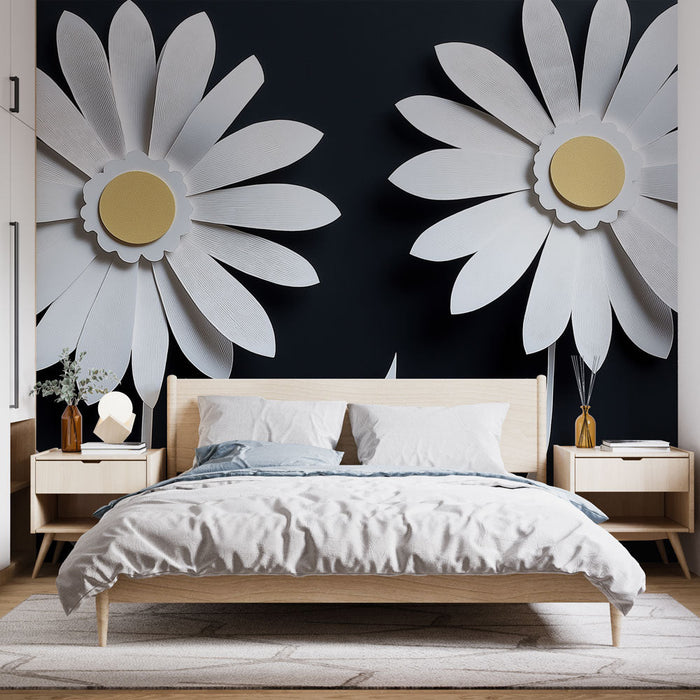 Mural Wallpaper flowers on paper | Patterns of white flowers on a black background