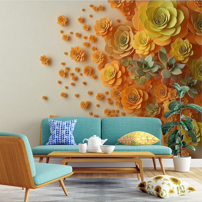 Foto Behang bloemen van papier | Een artistieke bloei van oranje en groene bloemen