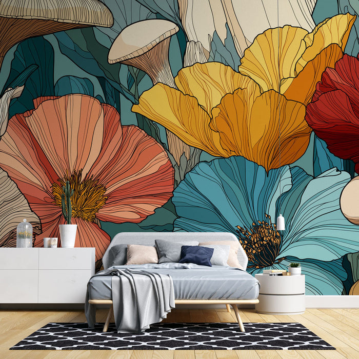 Tapetti kukkia ja sieniä | Värikäs kukkien ja sienien kuvio