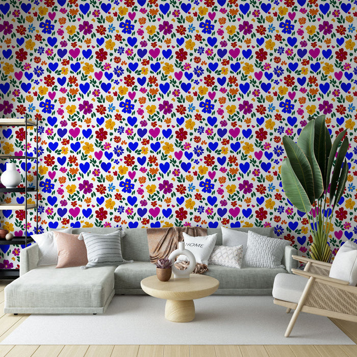 Тапет с цветя и сърца | Цветен мотив от цветя и сърца на светъл фон