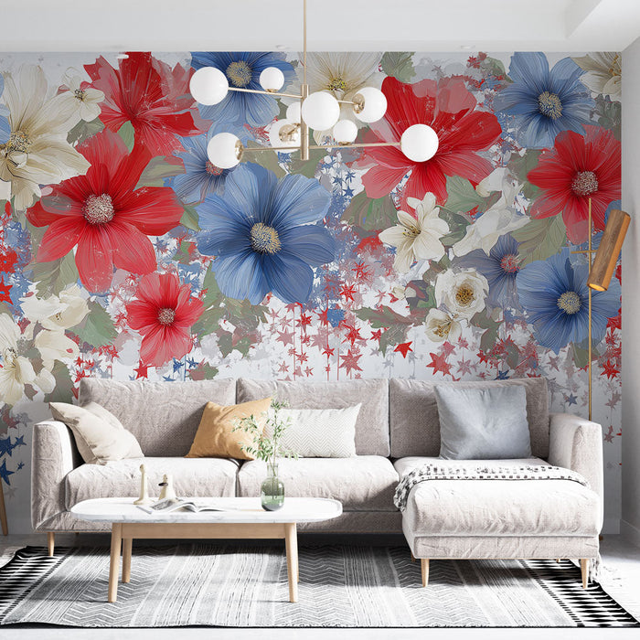 Fototapet çiçekler ve yıldızlar | Kırmızı, beyaz ve mavi yıldızlarla renkli çiçekli kompozisyon