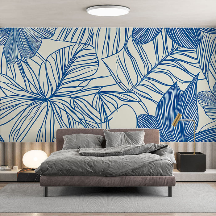 Mural Wallpaper blomster og løvverk | Blomsterdesign i blått på en lys bakgrunn