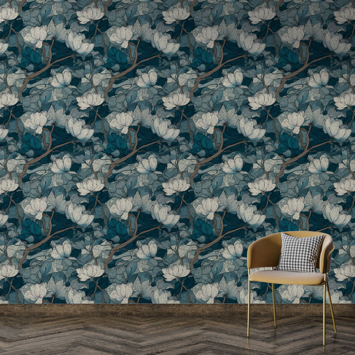 Fototapet blomster og løv | Stiliserte mønstre av hvite blomster på en turkis bakgrunn