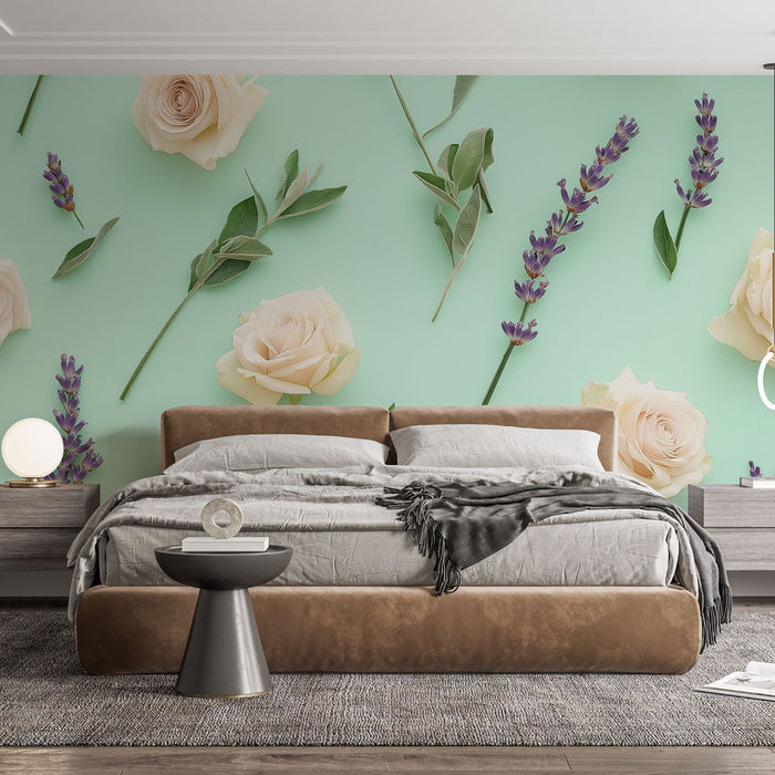 Tapet mural flori și frunziș | Trandafiri delicati și lavandă pe un fundal de mentă