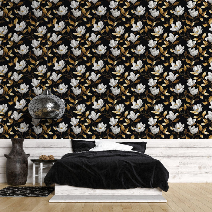 Tapeta květiny a zlaté listy | Nádherné bílé květiny na černém pozadí
