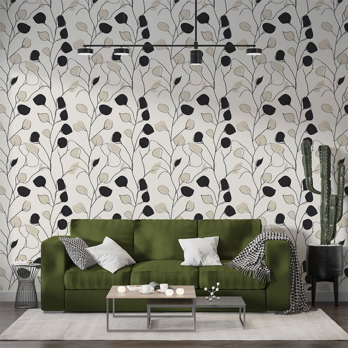 Tapet floral cu flori și frunze | Model în negru, bej și alb