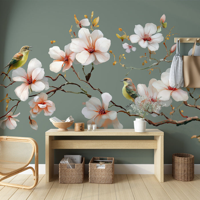 Fototapet çiçekler ve kuşlar | Renkli kuşlarla zarif mürver dalları