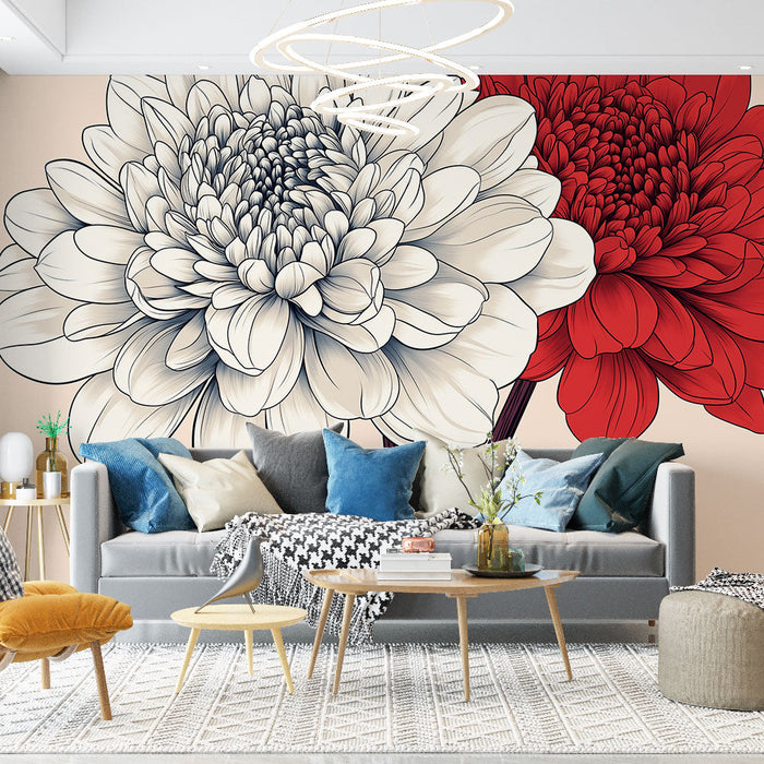 Mural Wallpaper flowers | White and red flowers on a soft background