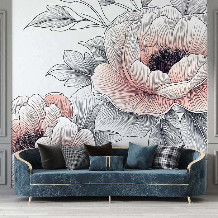 Tapet Blomster | Delikate blomster i fersken og sorte toner