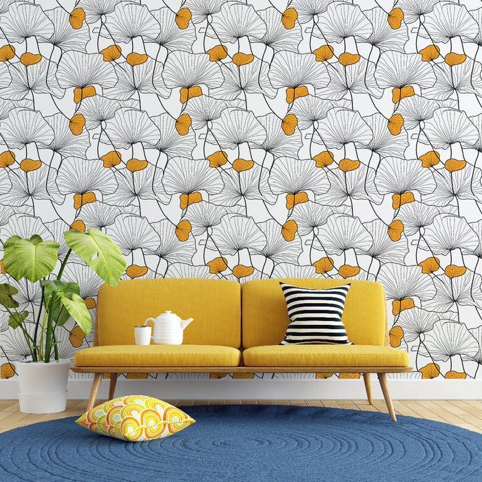 Papel de parede mural flores ginkgo | Motivo de ginkgo com detalhes laranja