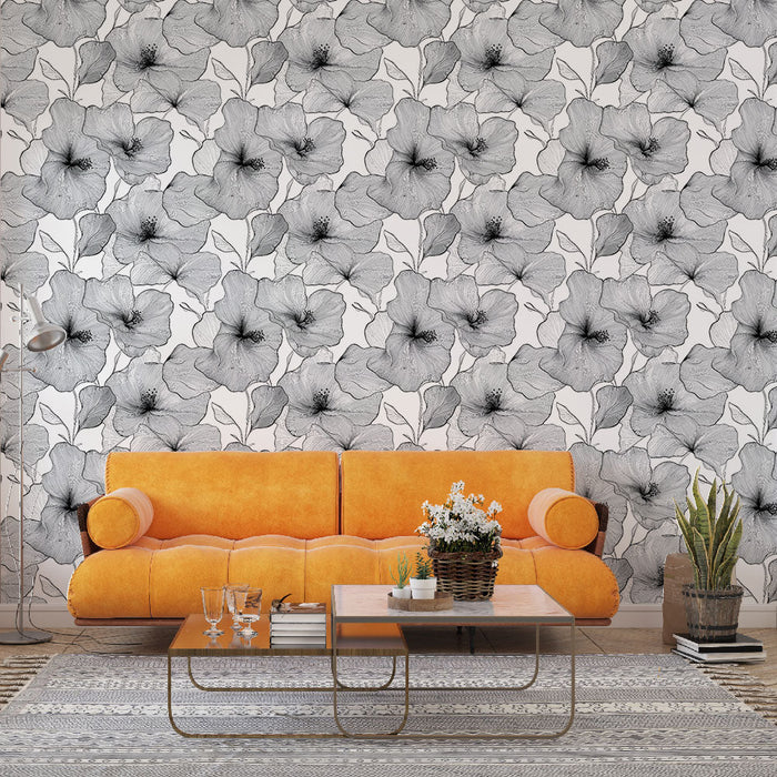 Tapeta s šedými květinami | Květinové vzory v odstínech šedé na bílém pozadí