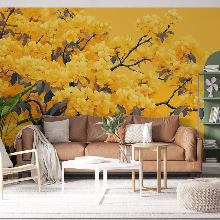 Mural Wallpaper yellow flowers | Tree in bloom on a bright yellow background