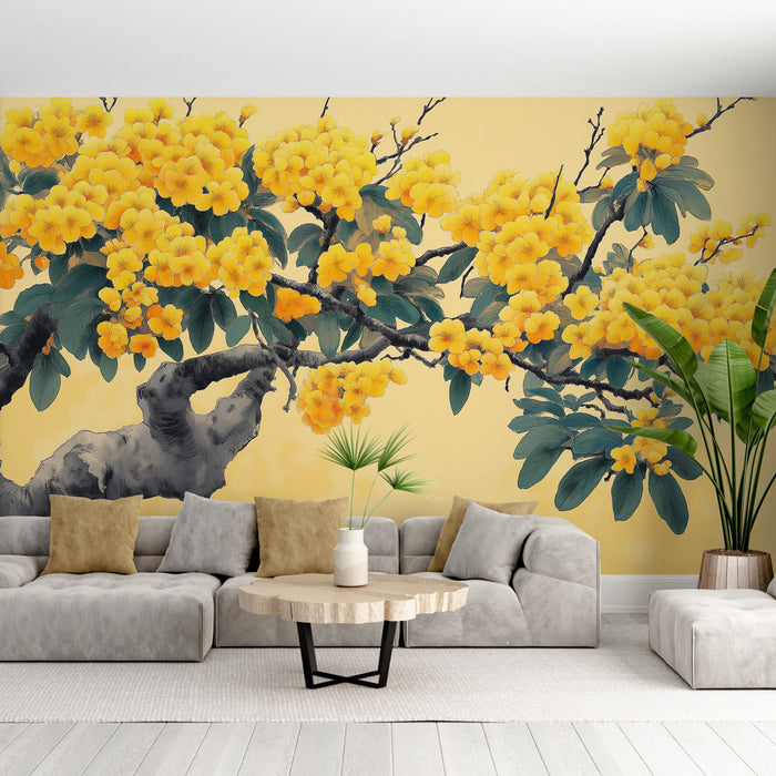 Mural Wallpaper yellow flowers | Vibrant yellow flower branches on a soft background