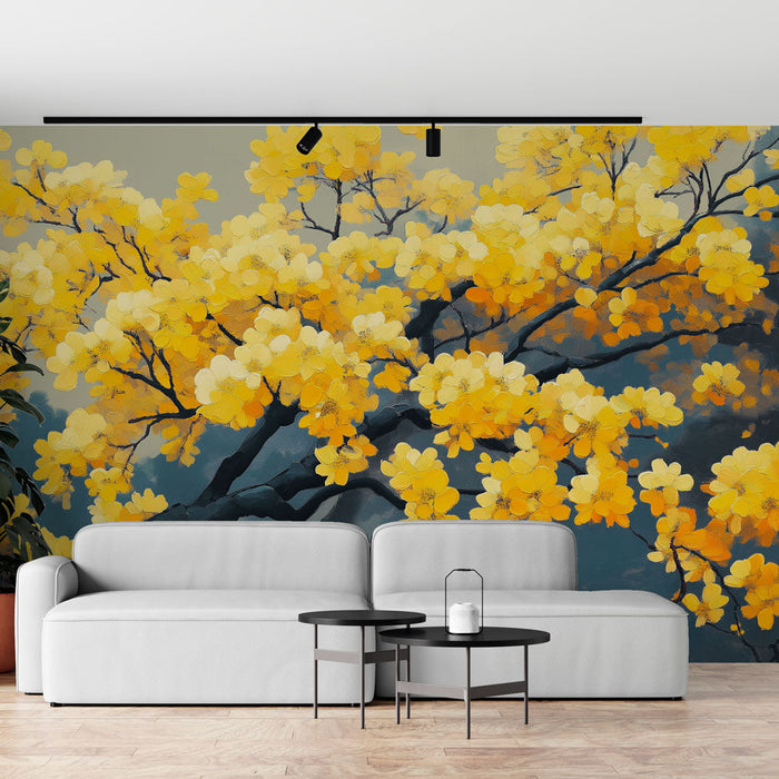 Fototapet sarı çiçekler | Altın vurgularla çiçek açan dallar