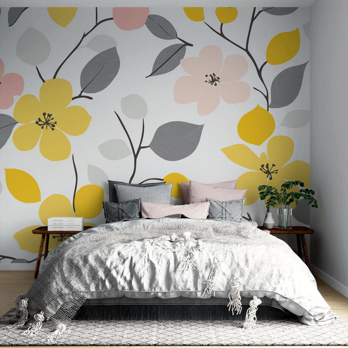 Mural Wallpaper yellow and pink flowers | Floral patterns in bright shades