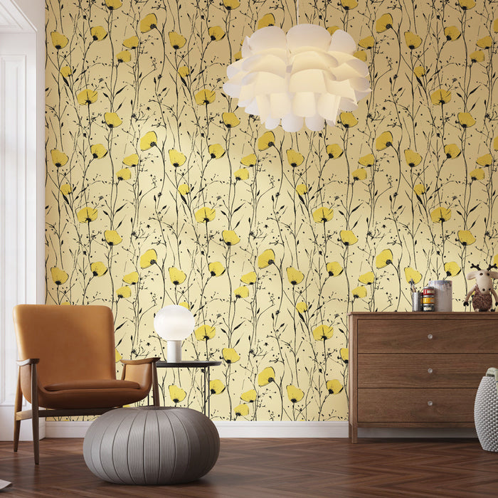 Tapetti keltaiset kukat | Keltainen kukkakuvio beigellä taustalla