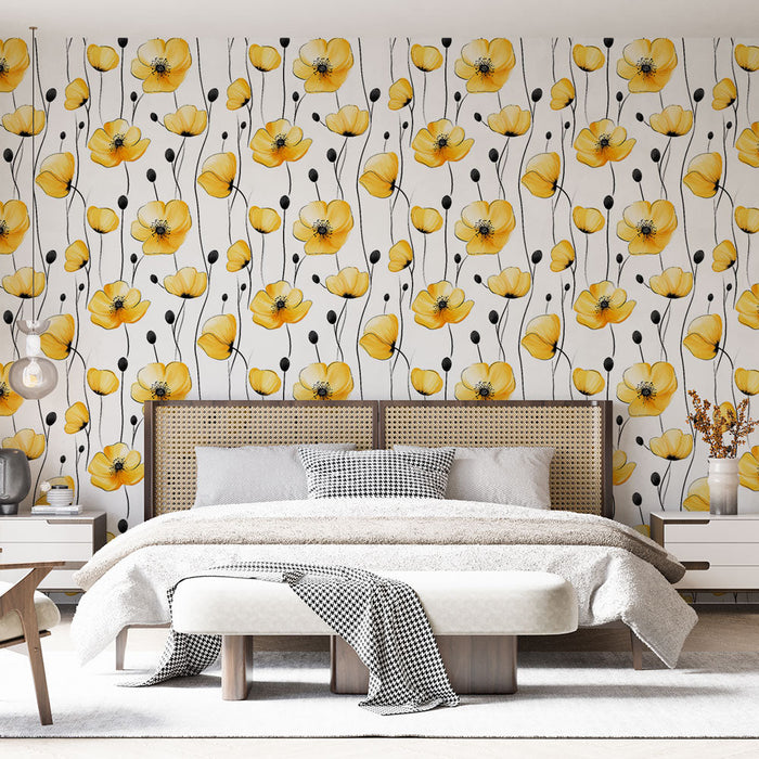 Mural Wallpaper yellow flowers | Yellow flower pattern on white background
