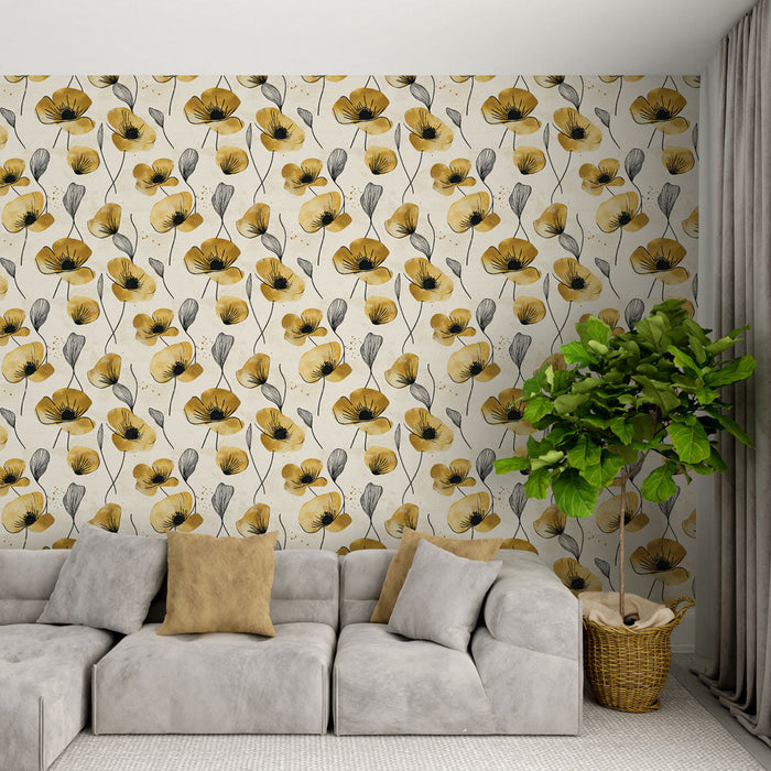 Fototapet rumeni cvetovi | Nežen cvetlični vzorec z rumenimi cvetovi in črnimi stebli