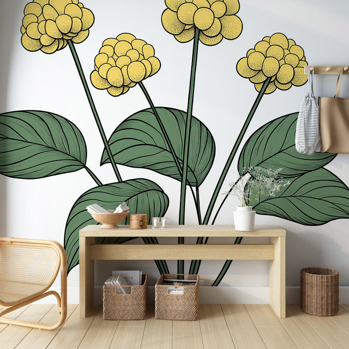 Stenska tapeta rumene rože | Svež rumen cvetlični vzorec z bujnim listjem