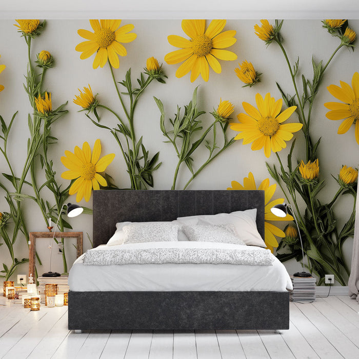 Tapete gelbe Blumen | Helles Blumenmuster mit leuchtend gelben Gänseblümchen