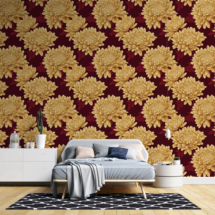 Papel pintado de flores amarillas | Rico patrón floral con detalles sobre un fondo burdeos
