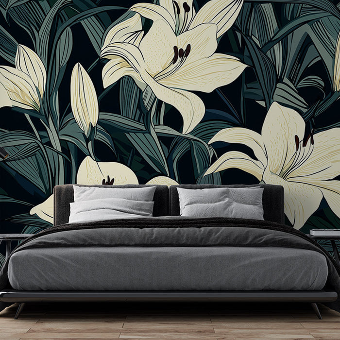 Tapetti kukat | my-super-product-1 Köynnöksiä ja kirkkaita liljoja tummalla taustalla