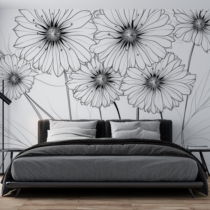 Mural Wallpaper linear flowers | Elegant floral design in black and white