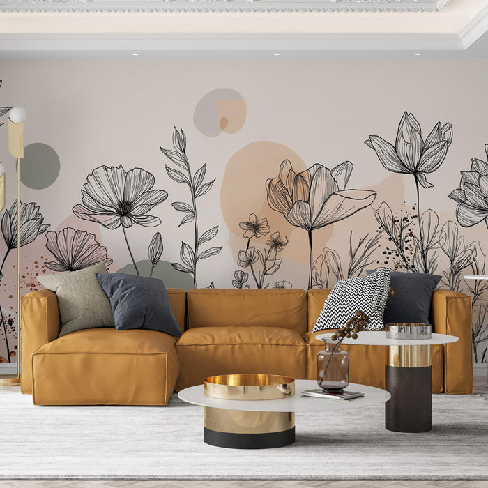 Fototapet linjära blommor | Elegantt blommönster med akvarellinslag